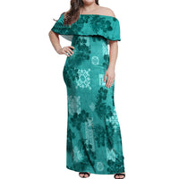 Vintage Hawaii Off Shoulder Maxi Dress Hibiscus Mix Hawaiian Quilt Patches - Teal LT7 Women Teal - Polynesian Pride