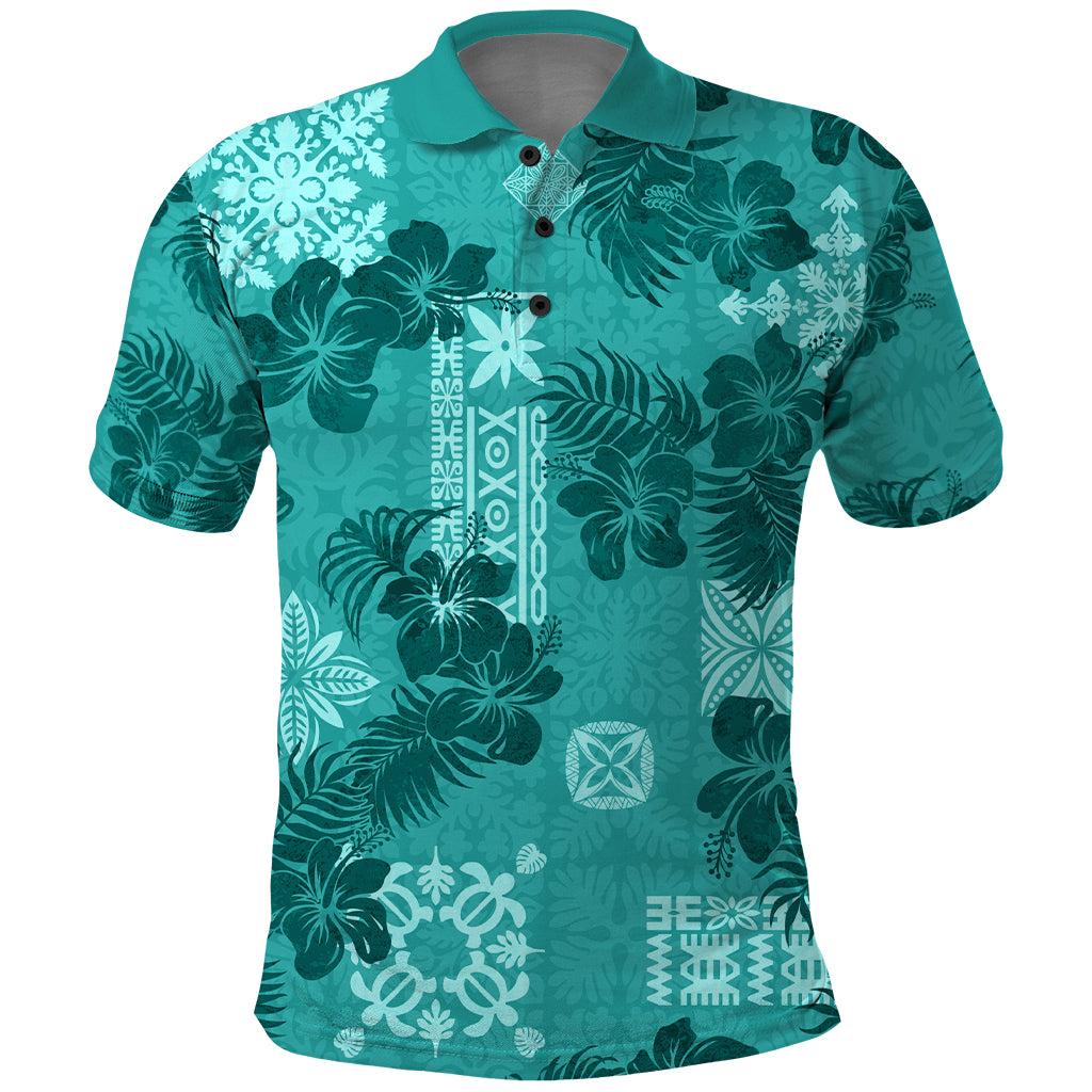 Vintage Hawaii Polo Shirt - Hibiscus Mix Hawaiian Quilt Patches Teal LT7 Teal - Polynesian Pride