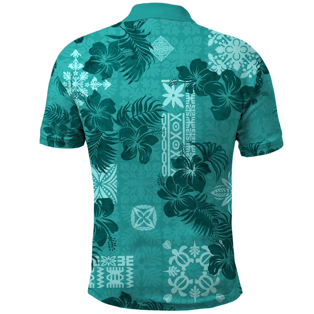 Vintage Hawaii Polo Shirt - Hibiscus Mix Hawaiian Quilt Patches Teal LT7 - Polynesian Pride