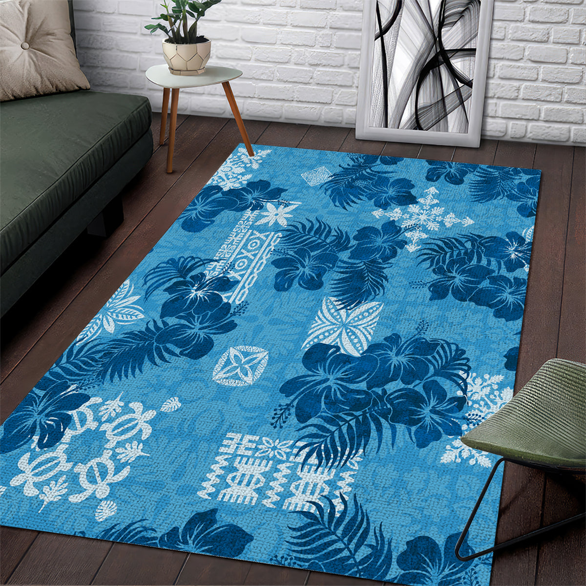 Hawaii Tapa Area Rug Hibiscus Mix Hawaiian Quilt Patches - Blue LT7 Blue - Polynesian Pride