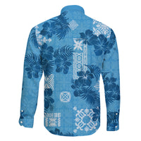 Hawaii Tapa Family Matching Off Shoulder Long Sleeve Dress and Hawaiian Shirt Hibiscus Mix Hawaiian Quilt Patches - Blue LT7 - Polynesian Pride