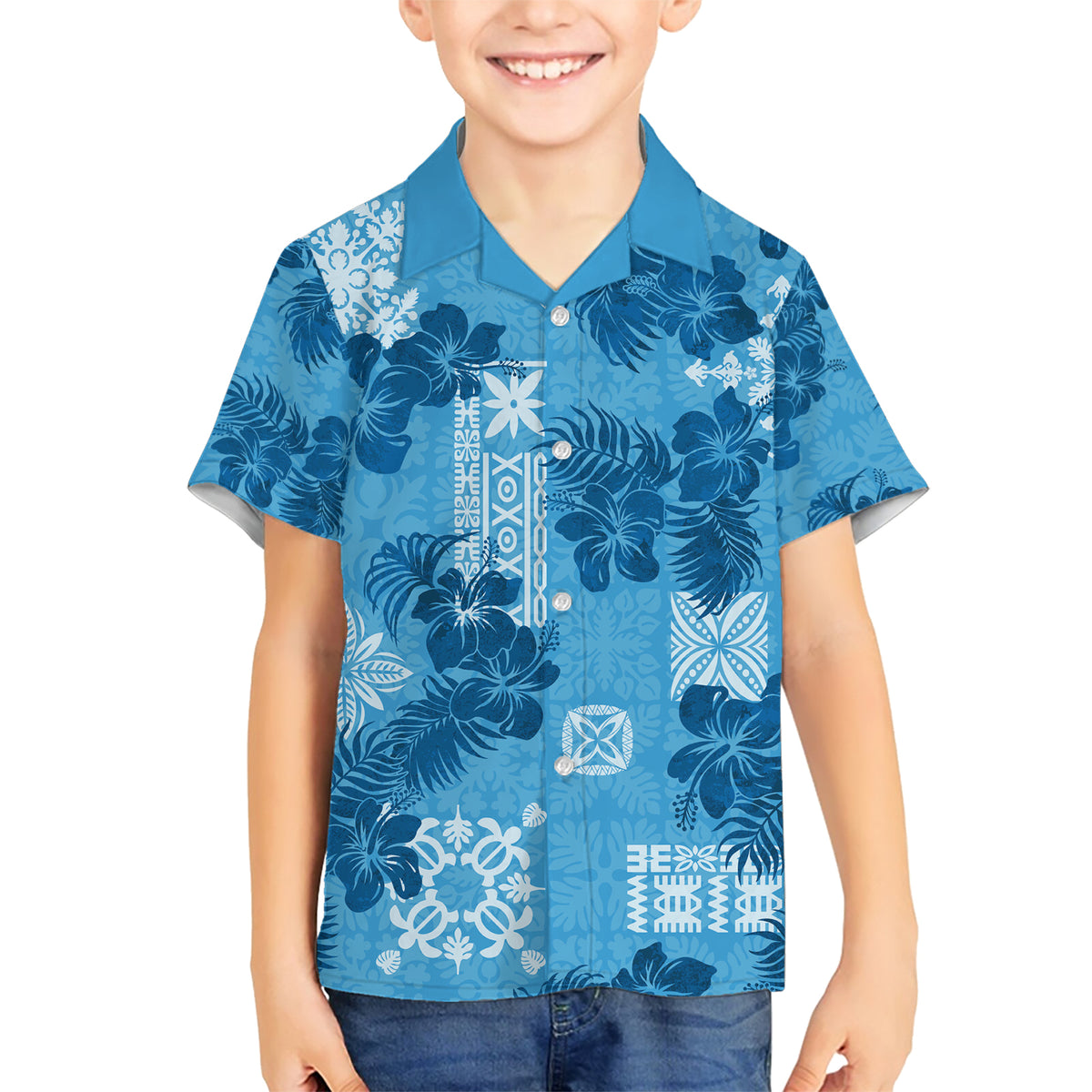 Hawaii Tapa Family Matching Short Sleeve Bodycon Dress and Hawaiian Shirt Hibiscus Mix Hawaiian Quilt Patches - Blue LT7 Son's Shirt Blue - Polynesian Pride