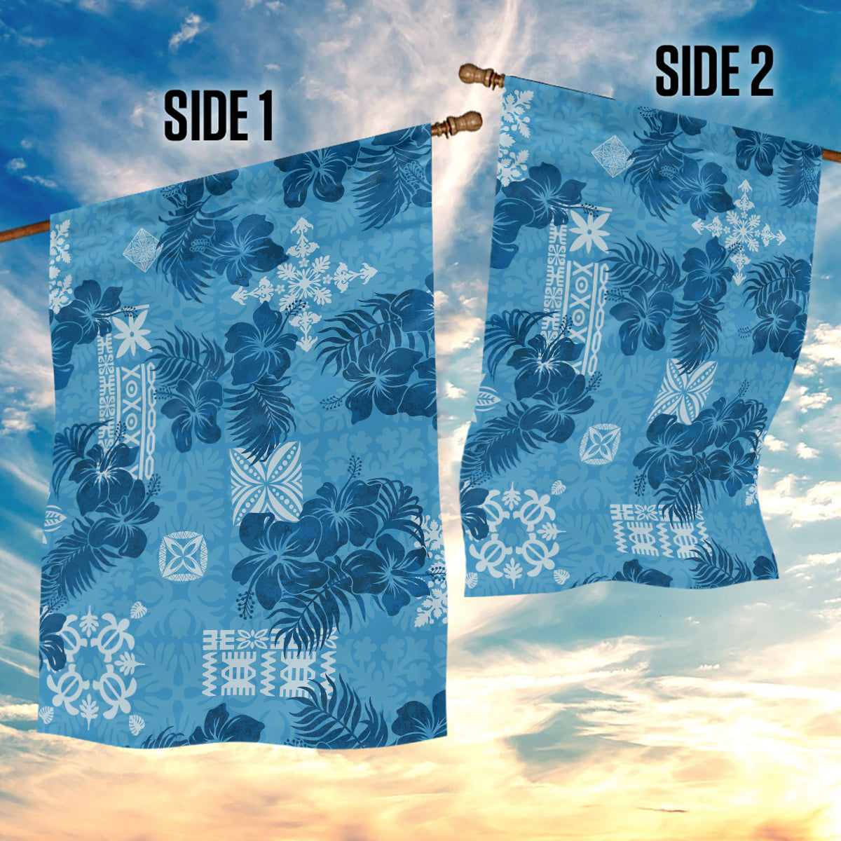 Hawaii Tapa Garden Flag Hibiscus Mix Hawaiian Quilt Patches - Blue LT7 - Polynesian Pride