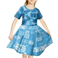 Hawaii Tapa Kid Short Sleeve Dress Hibiscus Mix Hawaiian Quilt Patches - Blue LT7 - Polynesian Pride