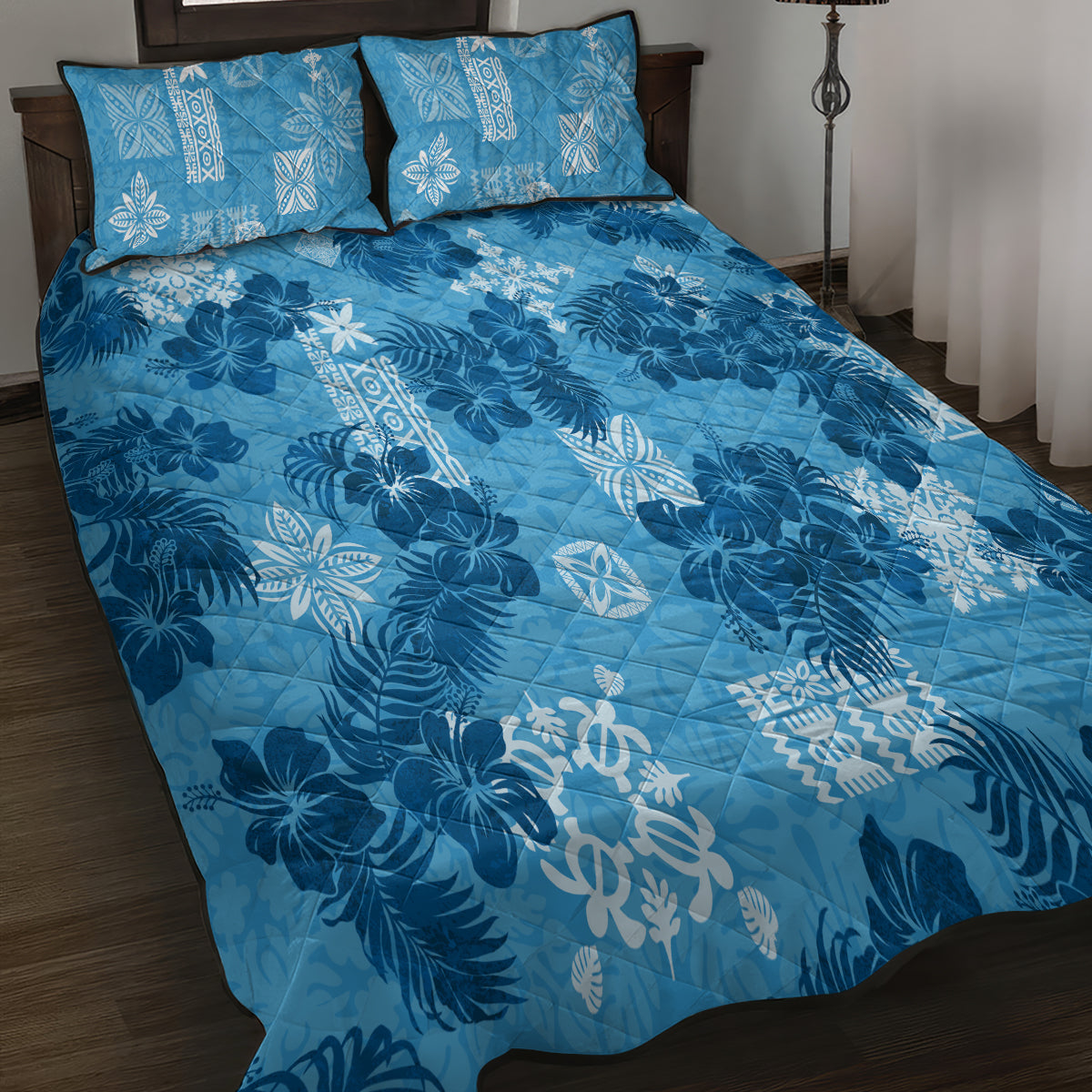 Hawaii Tapa Quilt Bed Set Hibiscus Mix Hawaiian Quilt Patches - Blue LT7 - Polynesian Pride