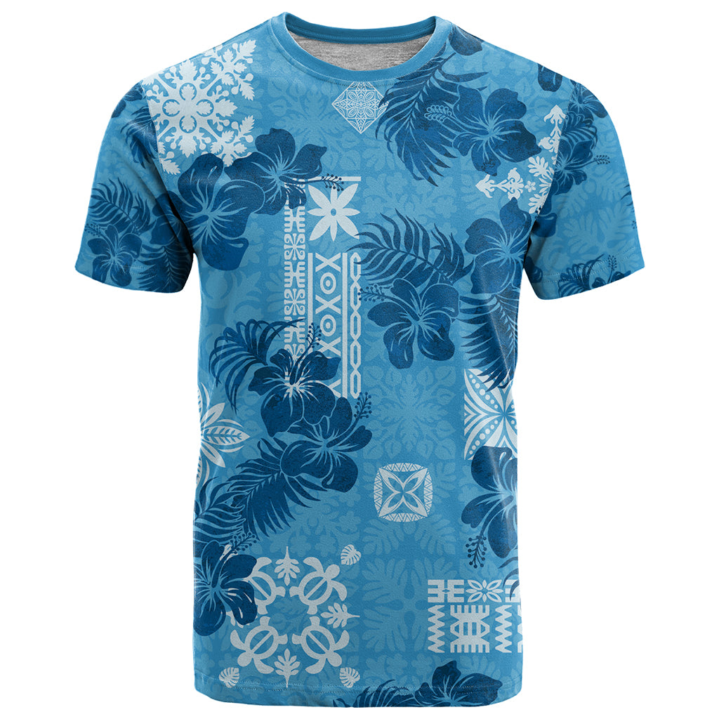 Hawaii Tapa T Shirt Hibiscus Mix Hawaiian Quilt Patches - Blue LT7 Blue - Polynesian Pride