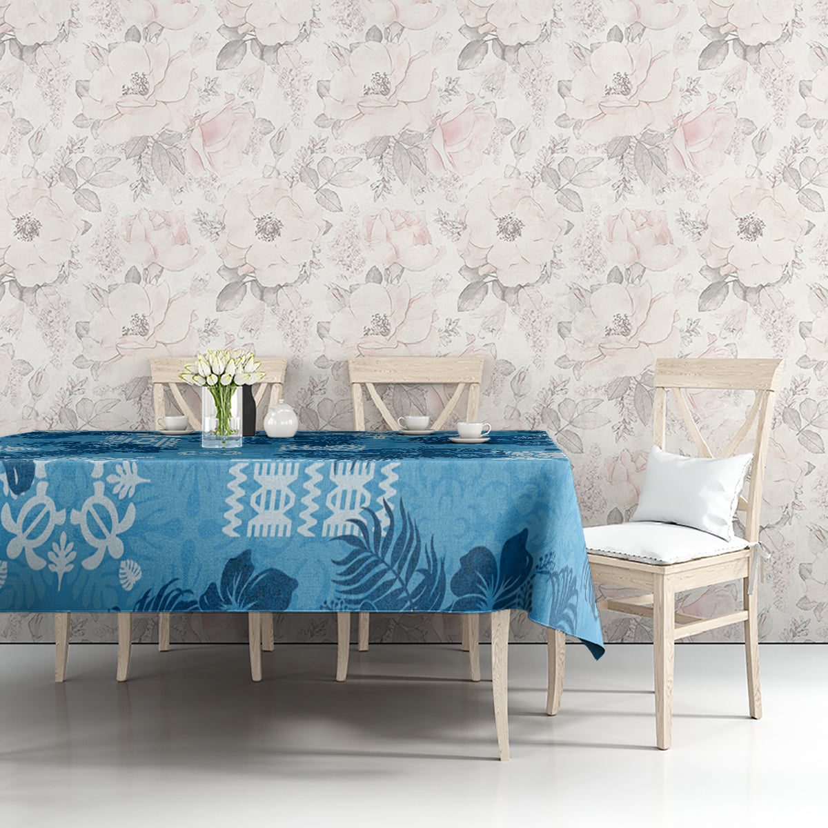 Hawaii Tapa Tablecloth Hibiscus Mix Hawaiian Quilt Patches - Blue LT7 - Polynesian Pride