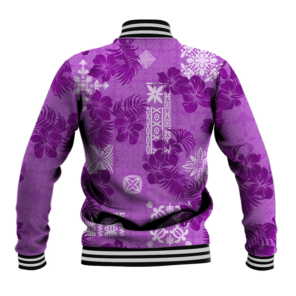 Hawaii Tapa Baseball Jacket Hibiscus Mix Hawaiian Quilt Patches - Violet LT7 - Polynesian Pride