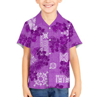 Hawaii Tapa Family Matching Off Shoulder Maxi Dress and Hawaiian Shirt Hibiscus Mix Hawaiian Quilt Patches - Violet LT7 Son's Shirt Violet - Polynesian Pride