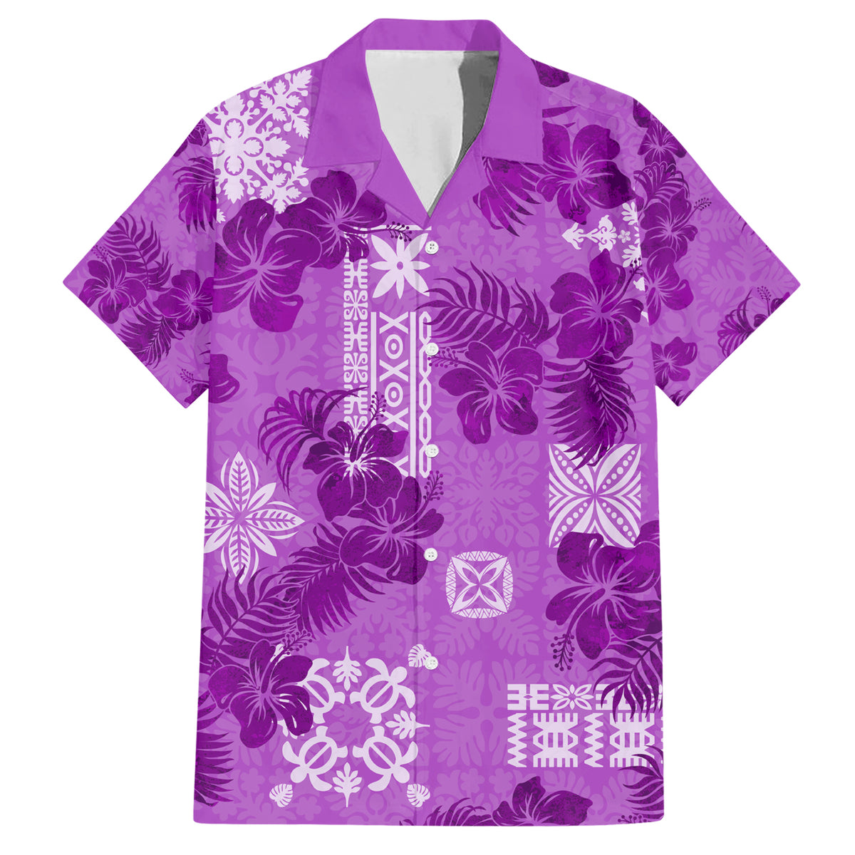 Hawaii Tapa Family Matching Short Sleeve Bodycon Dress and Hawaiian Shirt Hibiscus Mix Hawaiian Quilt Patches - Violet LT7 Dad's Shirt - Short Sleeve Violet - Polynesian Pride
