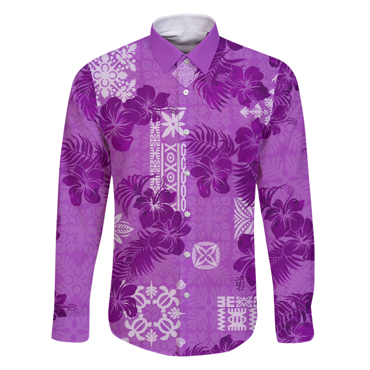 Hawaii Tapa Family Matching Short Sleeve Bodycon Dress and Hawaiian Shirt Hibiscus Mix Hawaiian Quilt Patches - Violet LT7 Dad's Shirt - Long Sleeve Violet - Polynesian Pride