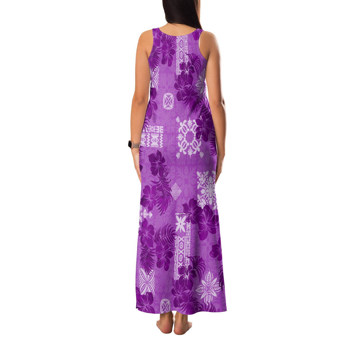 Hawaii Tapa Family Matching Tank Maxi Dress and Hawaiian Shirt Hibiscus Mix Hawaiian Quilt Patches - Violet LT7 - Polynesian Pride