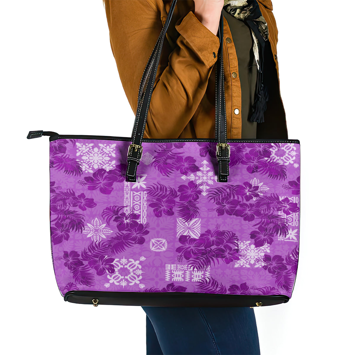 Hawaii Tapa Leather Tote Bag Hibiscus Mix Hawaiian Quilt Patches - Violet LT7 - Polynesian Pride