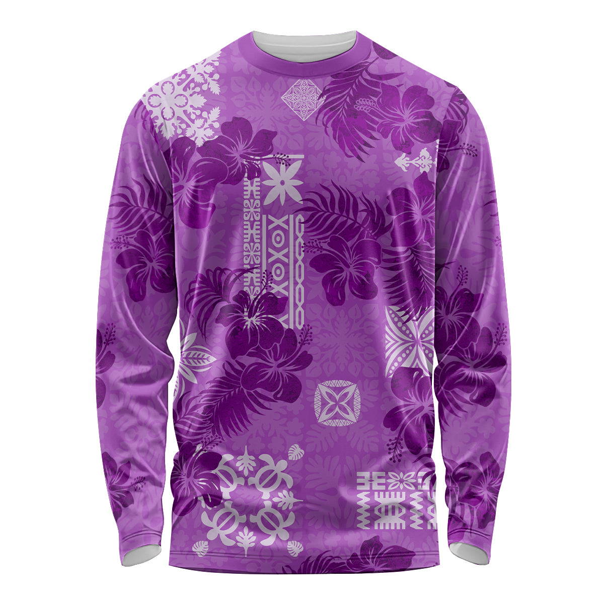 Hawaii Tapa Long Sleeve Shirt Hibiscus Mix Hawaiian Quilt Patches - Violet LT7 Unisex Violet - Polynesian Pride