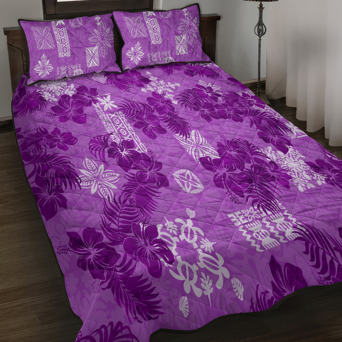 Hawaii Tapa Quilt Bed Set Hibiscus Mix Hawaiian Quilt Patches - Violet LT7 - Polynesian Pride