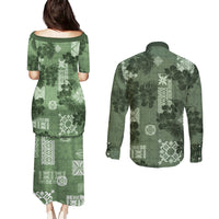 Hawaii Tapa Couples Matching Puletasi Dress and Long Sleeve Button Shirt Hibiscus Mix Hawaiian Quilt Patches - Sage Green LT7 - Polynesian Pride
