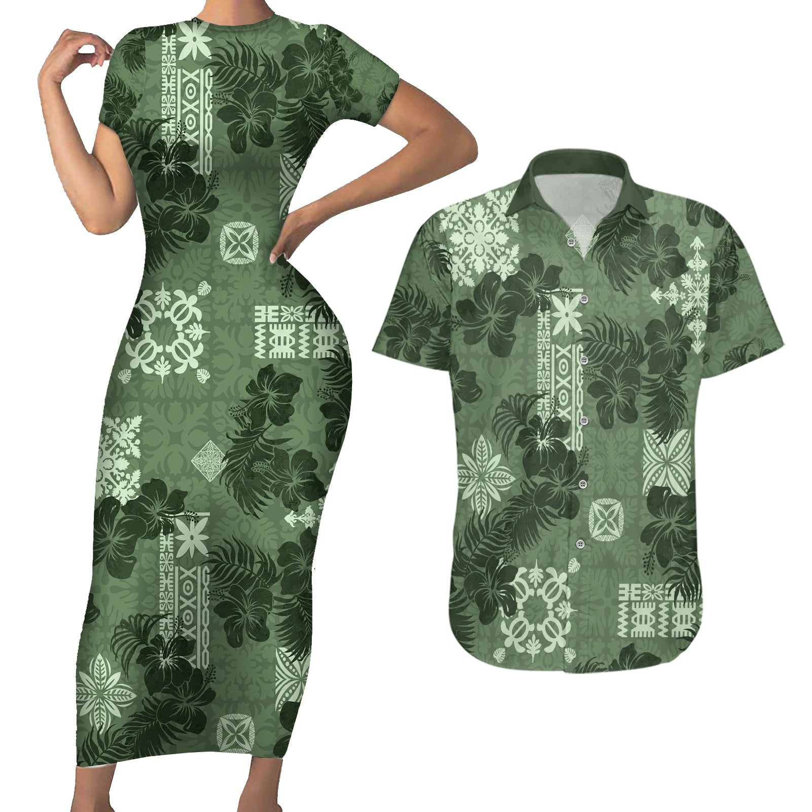 Hawaii Tapa Couples Matching Short Sleeve Bodycon Dress and Hawaiian Shirt Hibiscus Mix Hawaiian Quilt Patches - Sage Green LT7 Sage Green - Polynesian Pride