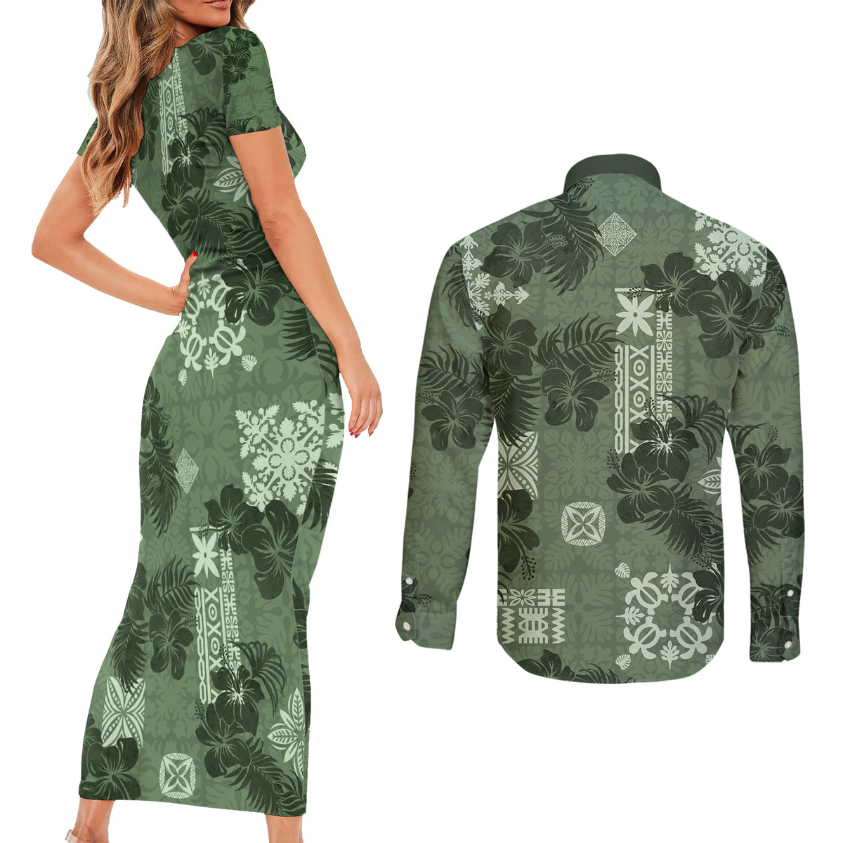 Hawaii Tapa Couples Matching Short Sleeve Bodycon Dress and Long Sleeve Button Shirt Hibiscus Mix Hawaiian Quilt Patches - Sage Green LT7 - Polynesian Pride