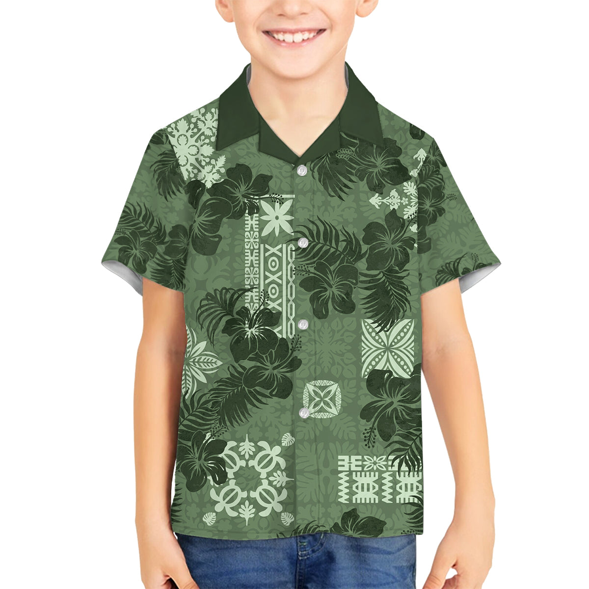 Hawaii Tapa Family Matching Puletasi Dress and Hawaiian Shirt Hibiscus Mix Hawaiian Quilt Patches - Sage Green LT7 Son's Shirt Sage Green - Polynesian Pride