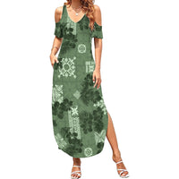 Hawaii Tapa Family Matching Summer Maxi Dress and Hawaiian Shirt Hibiscus Mix Hawaiian Quilt Patches - Sage Green LT7 Mom's Dress Sage Green - Polynesian Pride