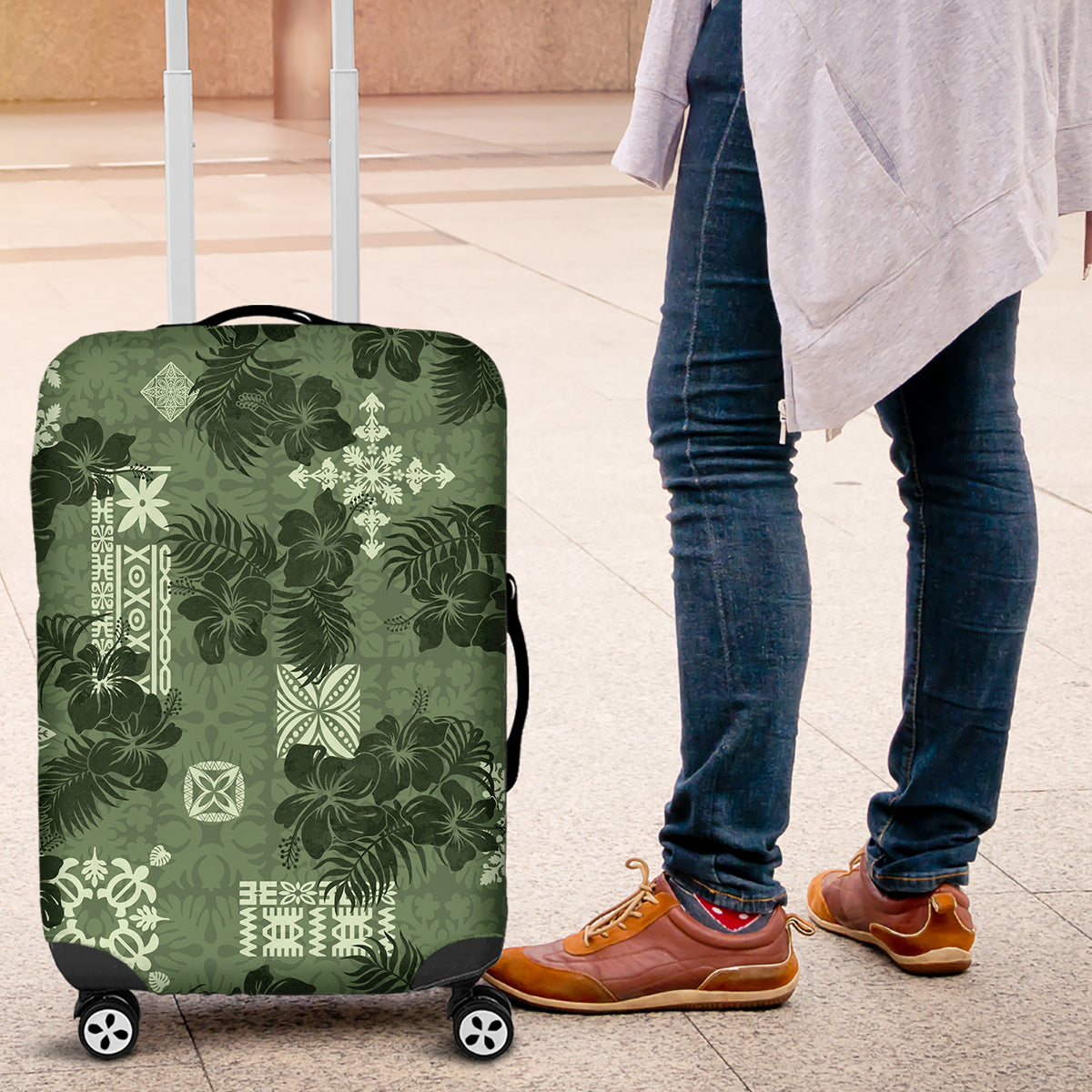 Hawaii Tapa Luggage Cover Hibiscus Mix Hawaiian Quilt Patches - Sage Green LT7 Sage Green - Polynesian Pride