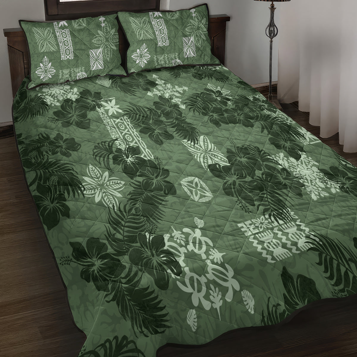 Hawaii Tapa Quilt Bed Set Hibiscus Mix Hawaiian Quilt Patches - Sage Green LT7 - Polynesian Pride