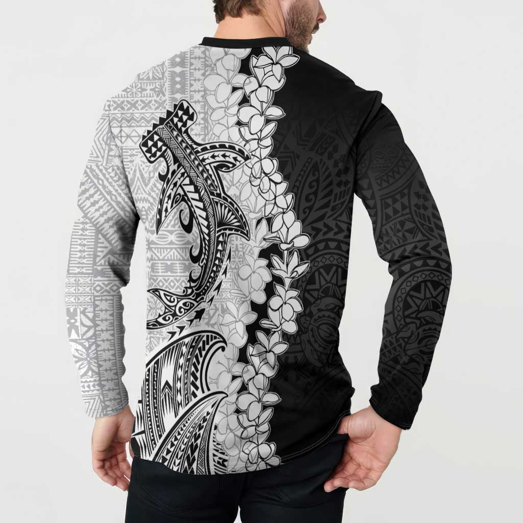 Polynesian Plumeria Lei Button Sweatshirt with Hammerhead Shark