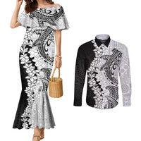 Polynesian Plumeria Lei Couples Matching Mermaid Dress and Long Sleeve Button Shirt with Hammerhead Shark