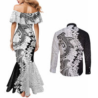 Polynesian Plumeria Lei Couples Matching Mermaid Dress and Long Sleeve Button Shirt with Hammerhead Shark