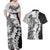 Polynesian Plumeria Lei Couples Matching Off Shoulder Maxi Dress and Hawaiian Shirt with Hammerhead Shark