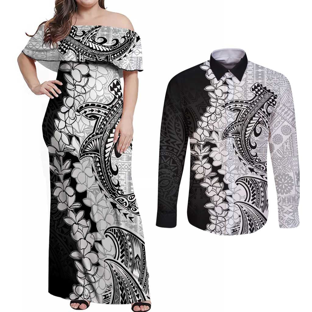 Polynesian Plumeria Lei Couples Matching Off Shoulder Maxi Dress and Long Sleeve Button Shirt with Hammerhead Shark