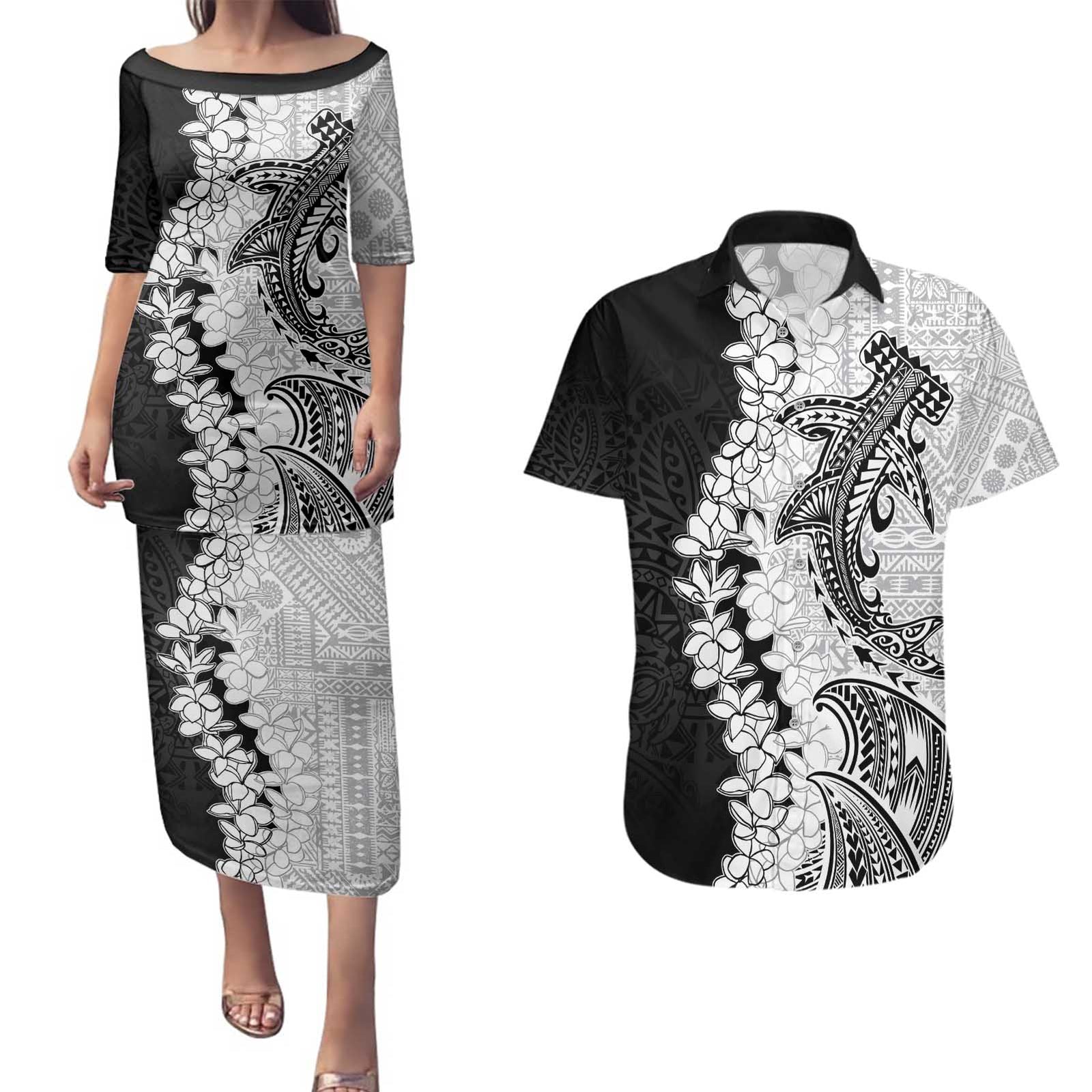 Polynesian Plumeria Lei Couples Matching Puletasi and Hawaiian Shirt with Hammerhead Shark