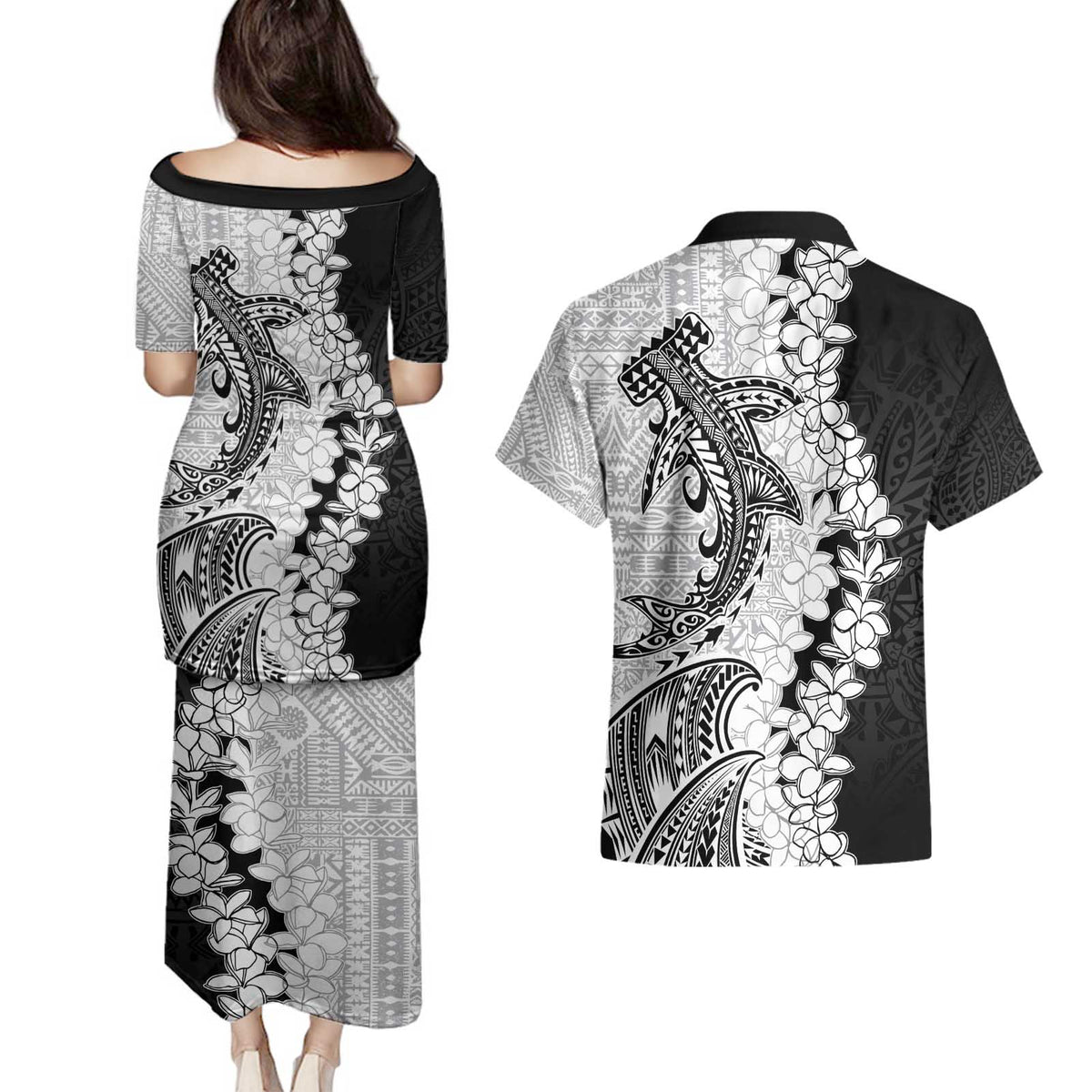 Polynesian Plumeria Lei Couples Matching Puletasi and Hawaiian Shirt with Hammerhead Shark