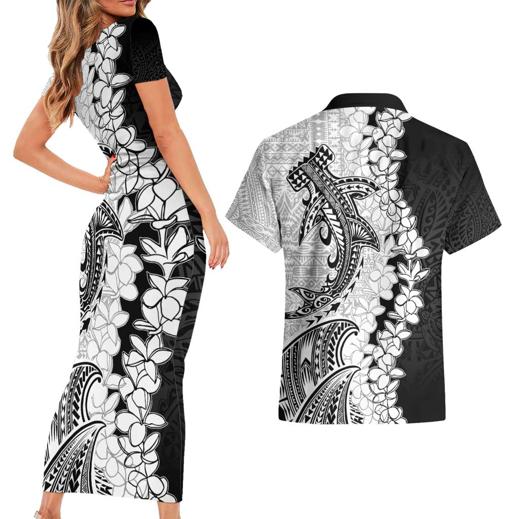 Polynesian Plumeria Lei Couples Matching Short Sleeve Bodycon Dress and Hawaiian Shirt with Hammerhead Shark