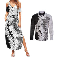 Polynesian Plumeria Lei Couples Matching Summer Maxi Dress and Long Sleeve Button Shirt with Hammerhead Shark