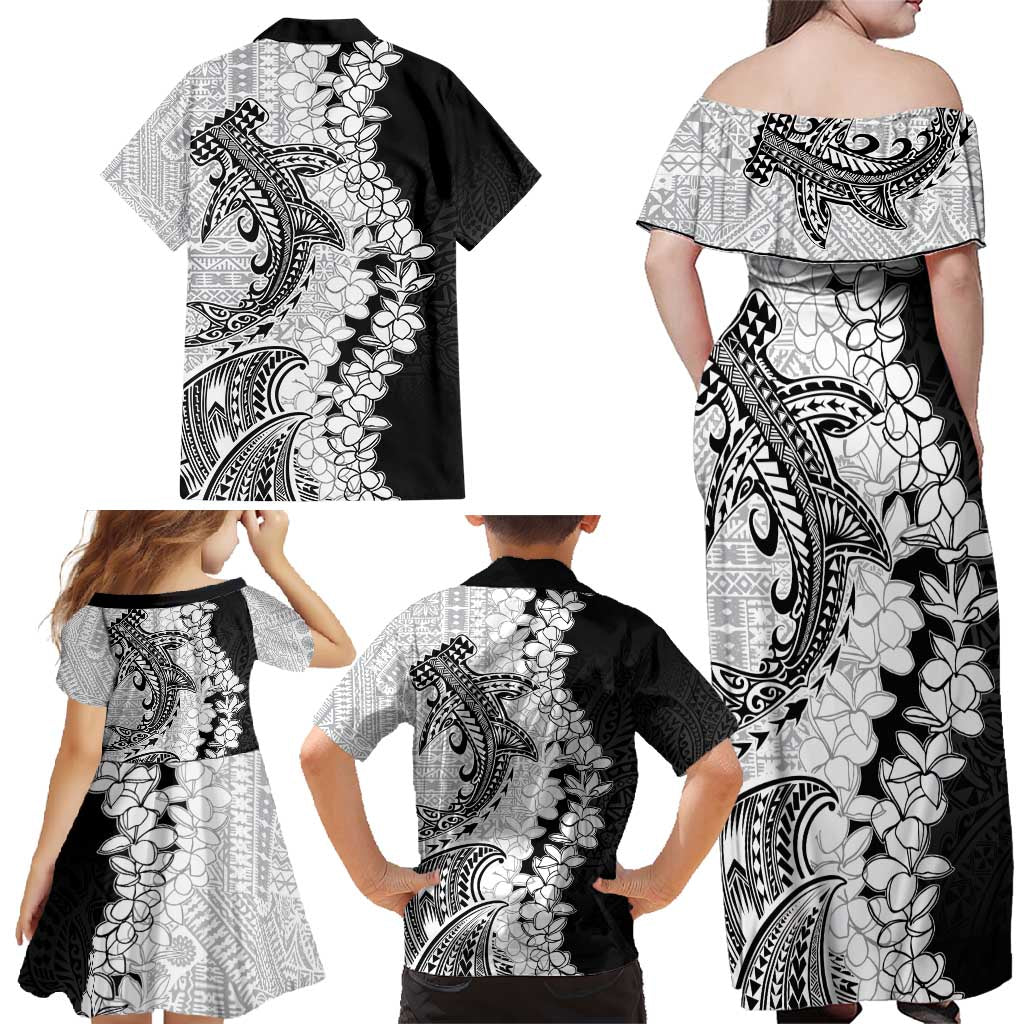 Polynesian Plumeria Lei Family Matching Off Shoulder Maxi Dress and Hawaiian Shirt with Hammerhead Shark