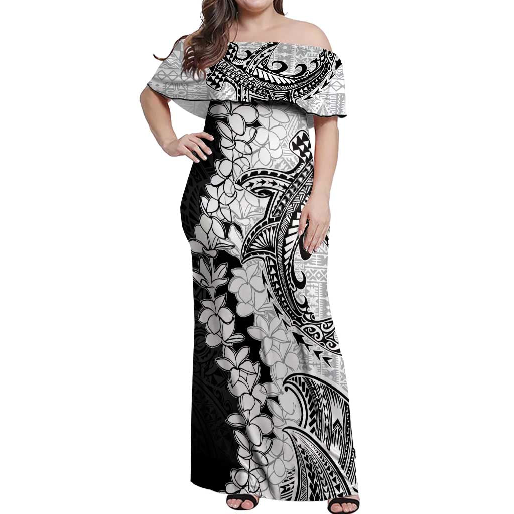 Polynesian Plumeria Lei Off Shoulder Maxi Dress with Hammerhead Shark