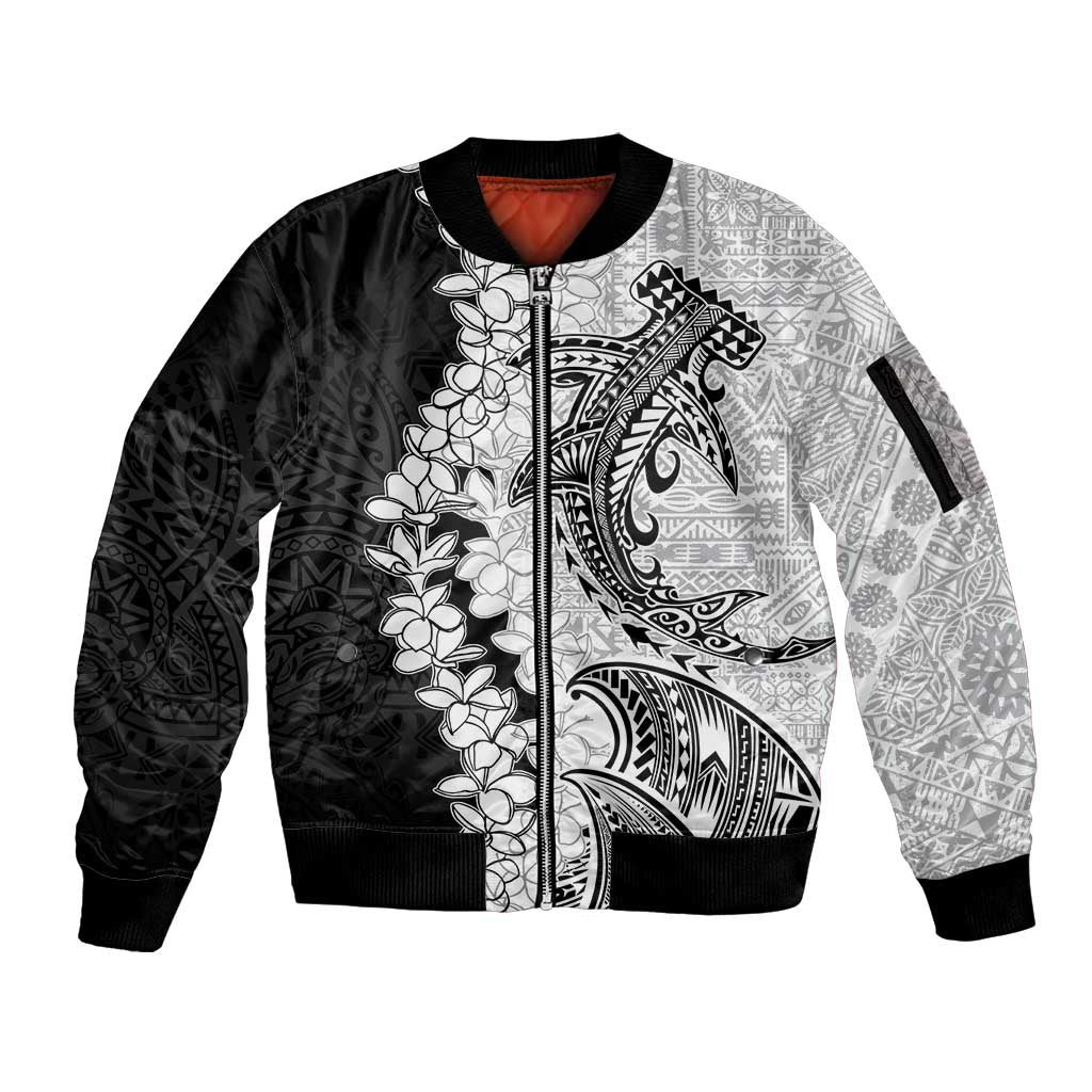 Polynesian Plumeria Lei Sleeve Zip Bomber Jacket with Hammerhead Shark