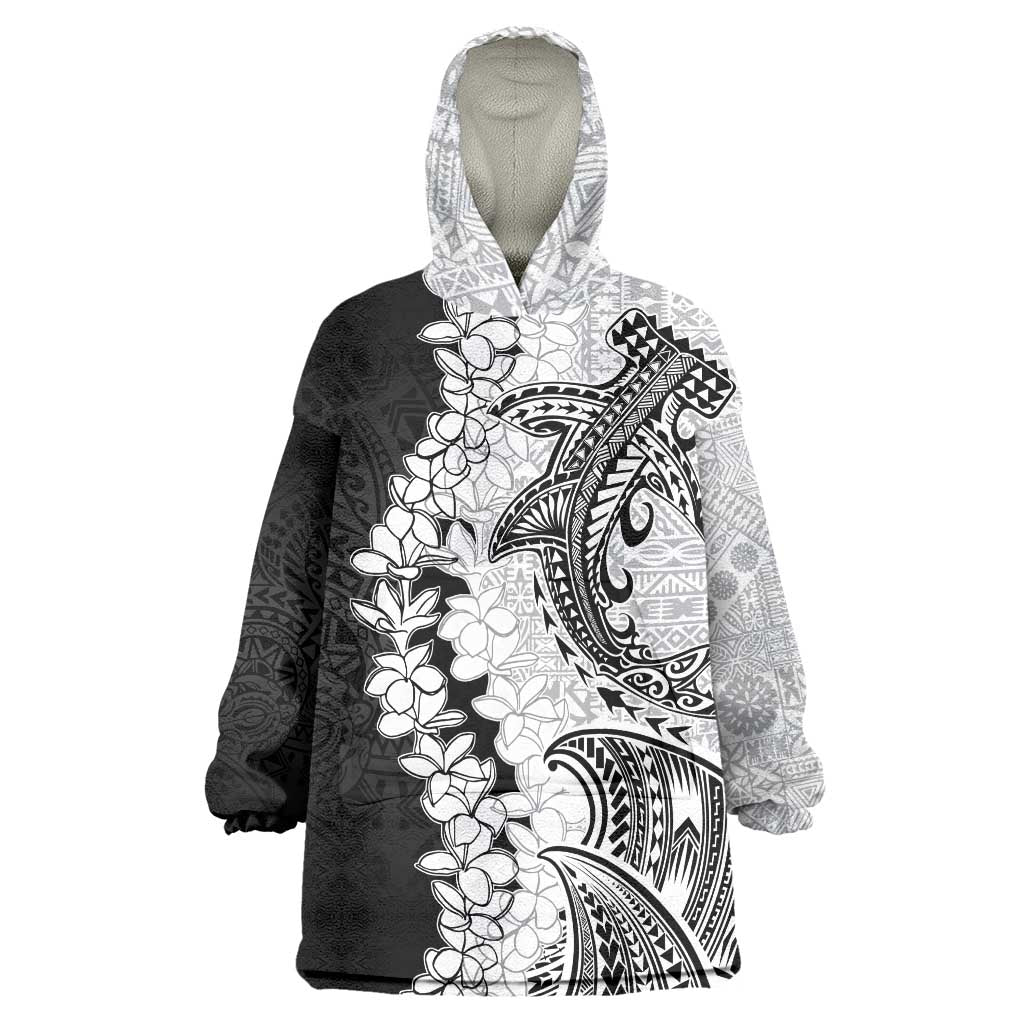 Polynesian Plumeria Lei Wearable Blanket Hoodie with Hammerhead Shark