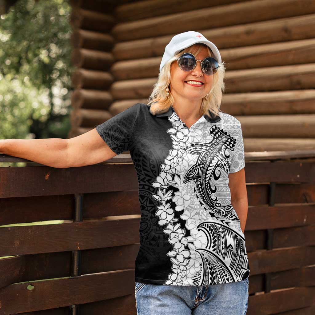 Polynesian Plumeria Lei Women Polo Shirt with Hammerhead Shark
