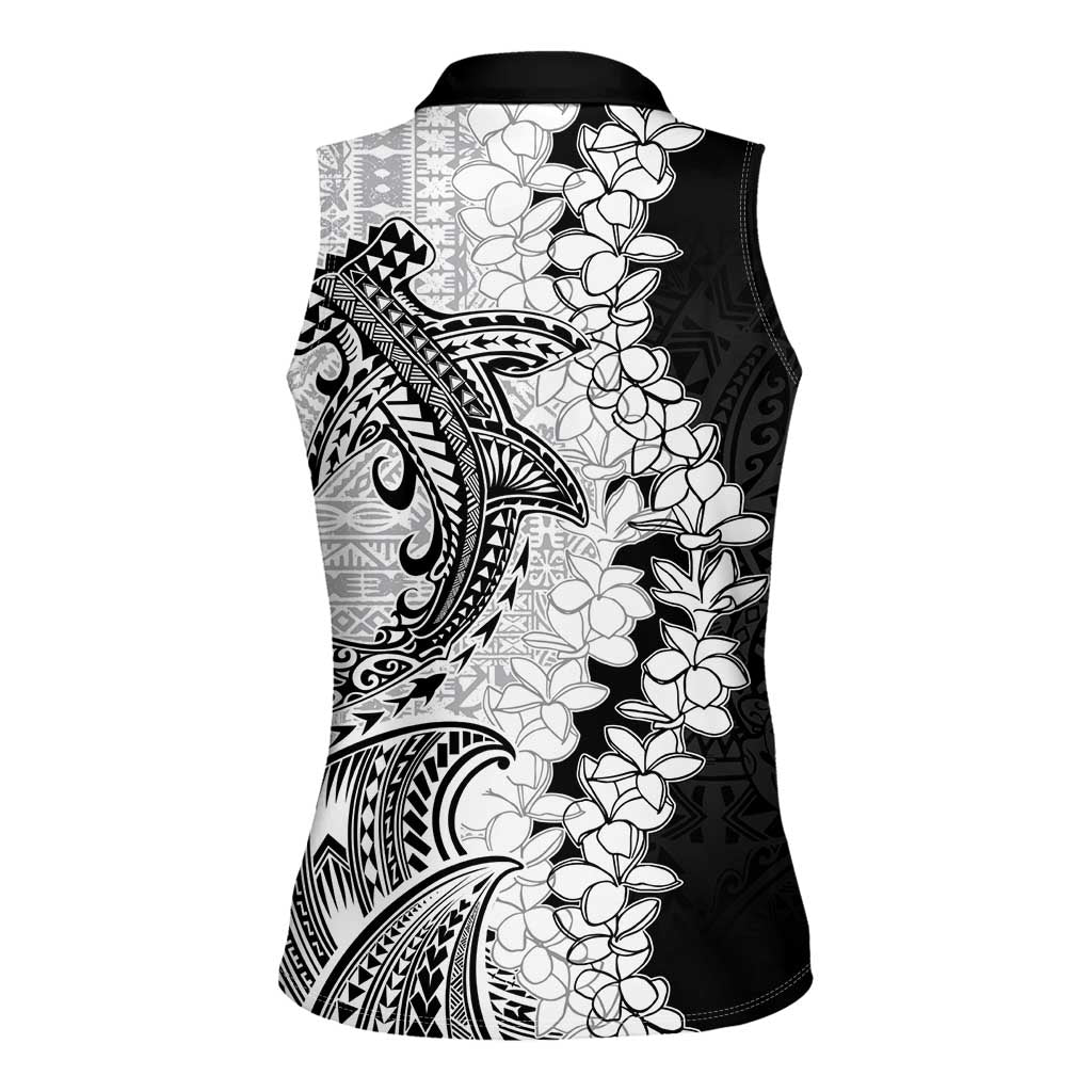 Polynesian Plumeria Lei Women Sleeveless Polo Shirt with Hammerhead Shark