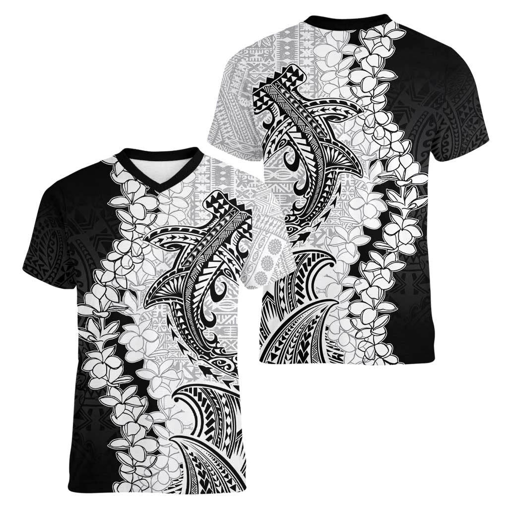 Polynesian Plumeria Lei Women V-Neck T-Shirt with Hammerhead Shark