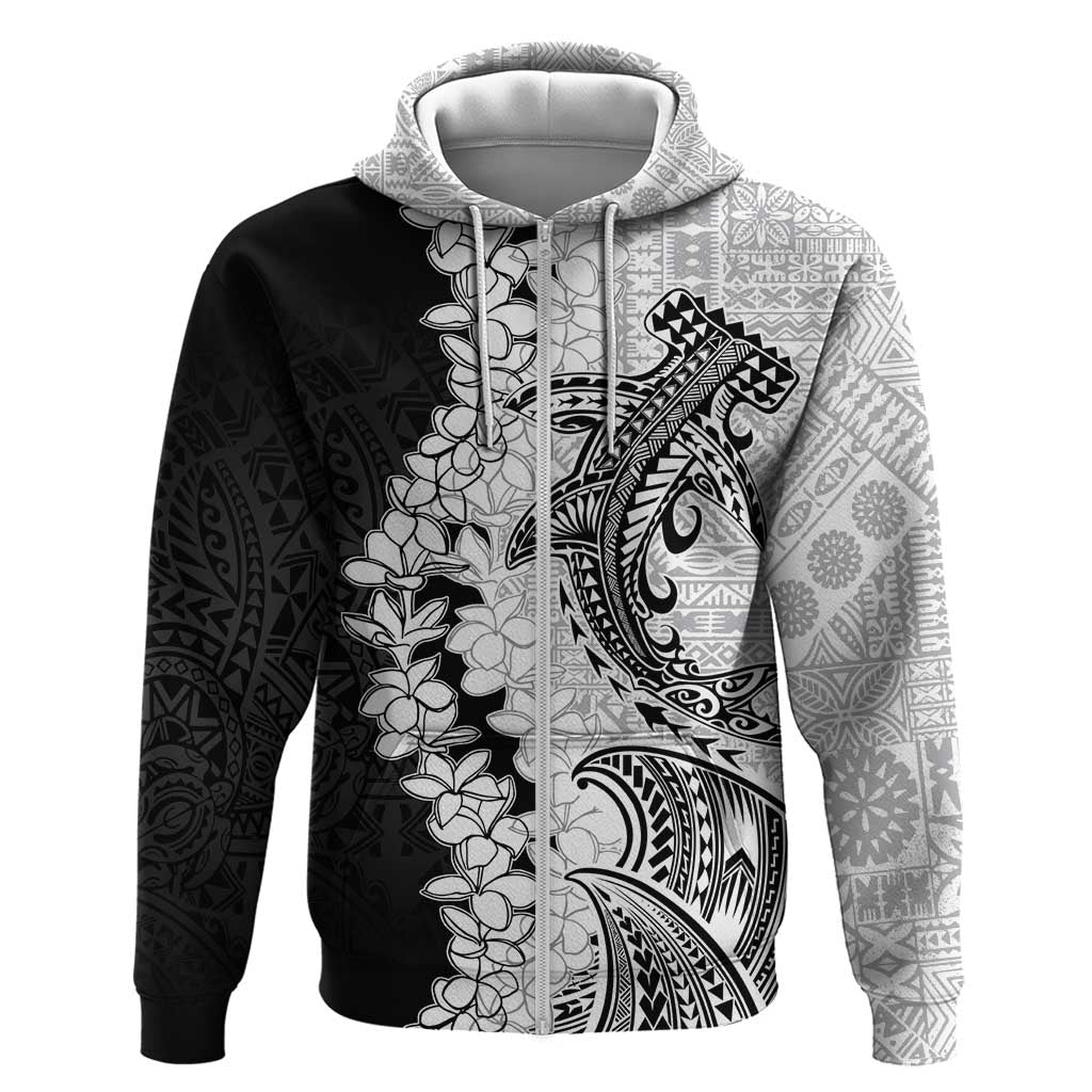 Polynesian Plumeria Lei Zip Hoodie with Hammerhead Shark LT7 Zip Hoodie Black - Polynesian Pride