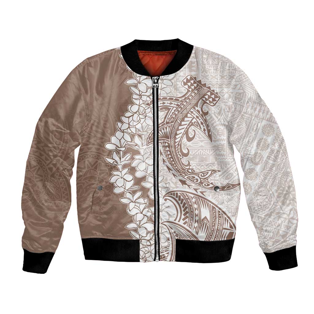 Polynesian Beige Plumeria Lei Bomber Jacket with Hammerhead Shark