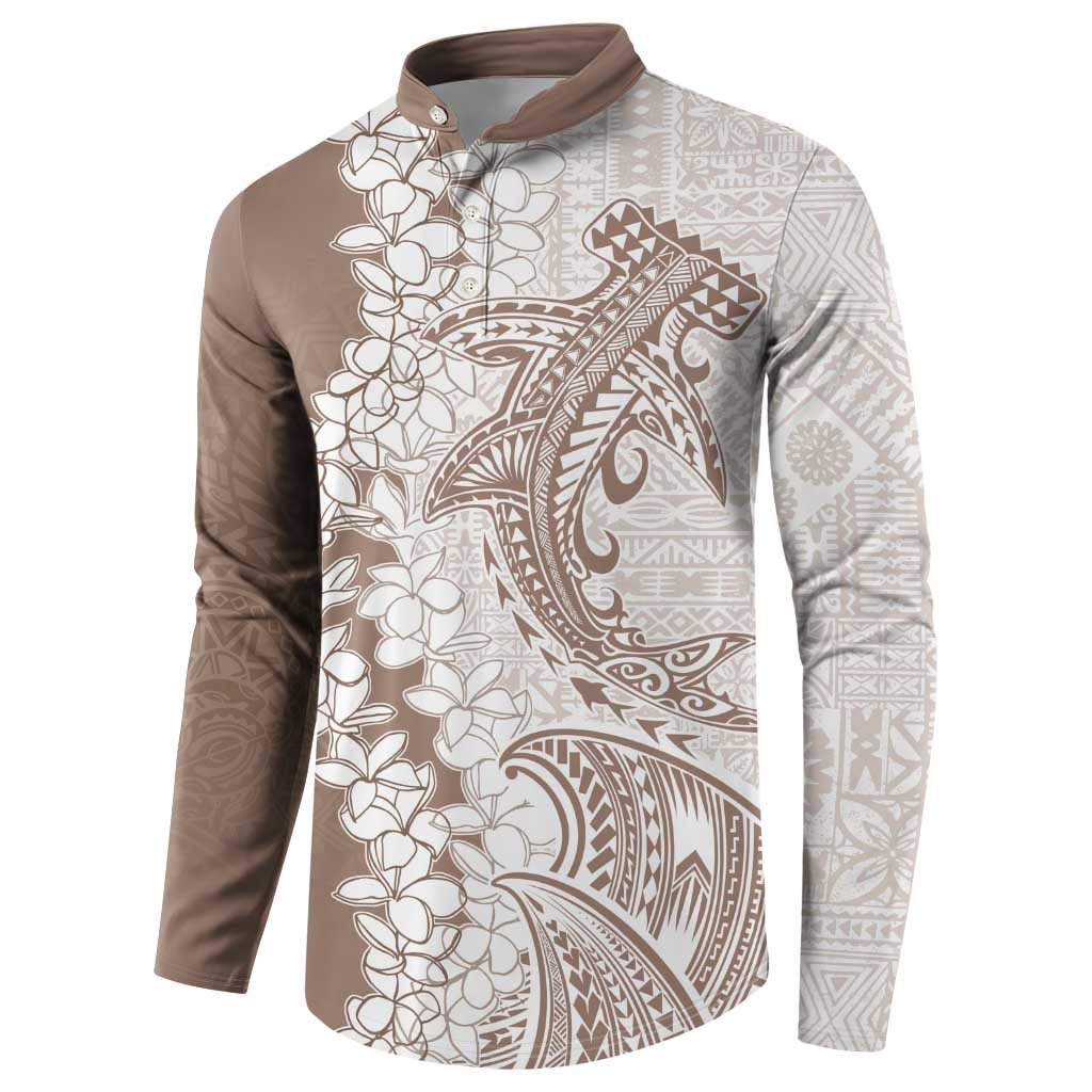 Polynesian Beige Plumeria Lei Button Sweatshirt with Hammerhead Shark
