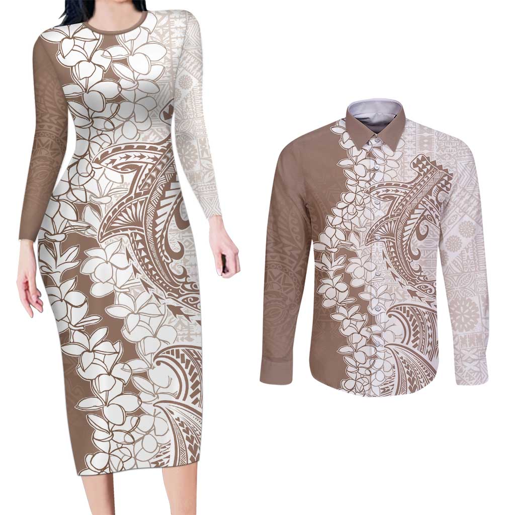 Polynesian Beige Plumeria Lei Couples Matching Long Sleeve Bodycon Dress and Long Sleeve Button Shirt with Hammerhead Shark