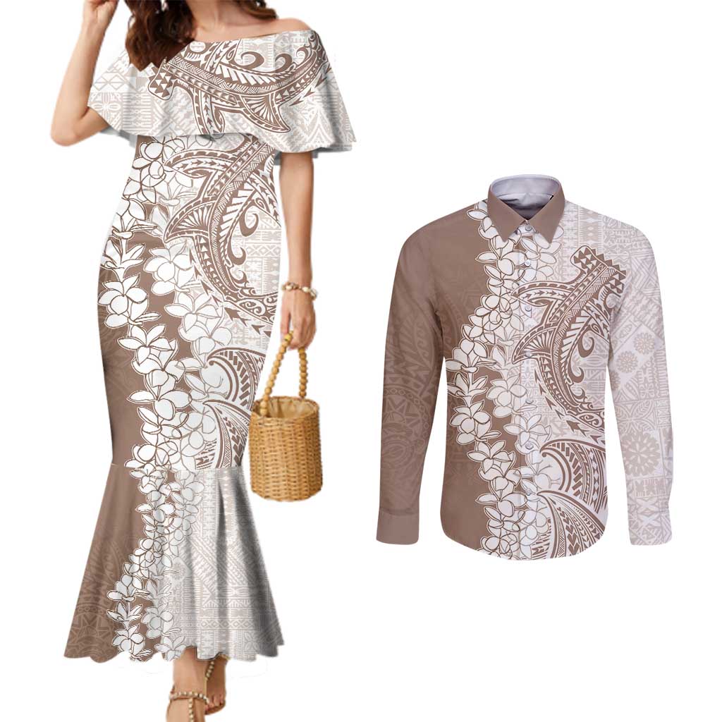 Polynesian Beige Plumeria Lei Couples Matching Mermaid Dress and Long Sleeve Button Shirt with Hammerhead Shark