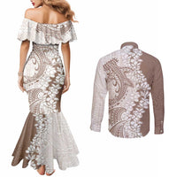 Polynesian Beige Plumeria Lei Couples Matching Mermaid Dress and Long Sleeve Button Shirt with Hammerhead Shark