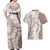 Polynesian Beige Plumeria Lei Couples Matching Off Shoulder Maxi Dress and Hawaiian Shirt with Hammerhead Shark