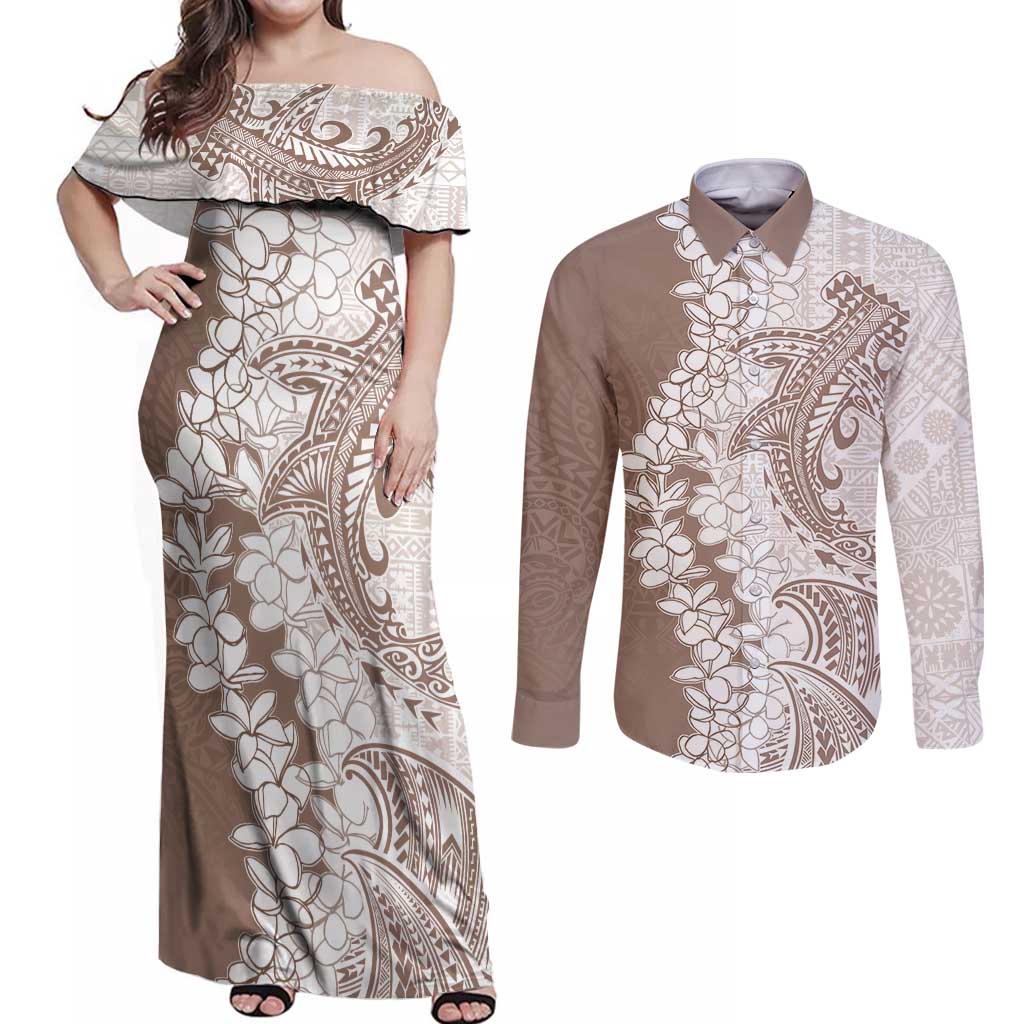 Polynesian Beige Plumeria Lei Couples Matching Off Shoulder Maxi Dress and Long Sleeve Button Shirt with Hammerhead Shark